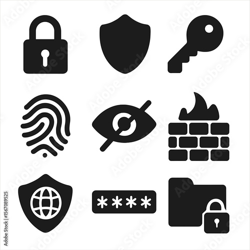 Privacy Icon Grid. Solid, filled icon set of privacy settings: lock, shield, key, fingerprint, eye with slash, firewall, VPN,