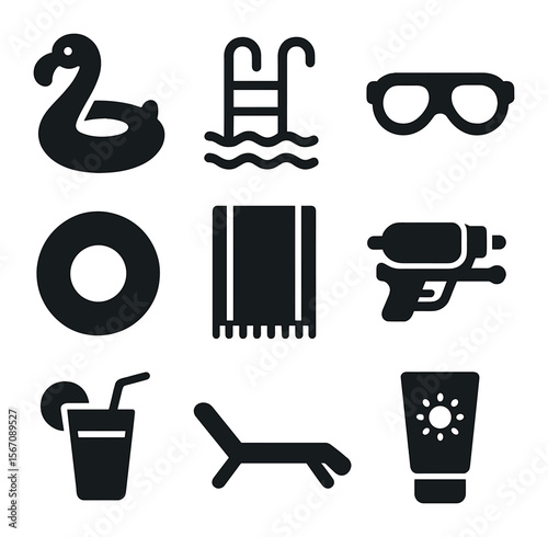 3D Poolside Icons. Solid, filled icons set of 3D poolside fun: inflatable flamingo, pool ladder, swim goggles,