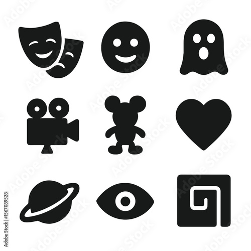 Movie Genre Icons. Solid, filled icon set of movie genres at festivals: drama mask, comedy smile, horror ghost, documentary camera