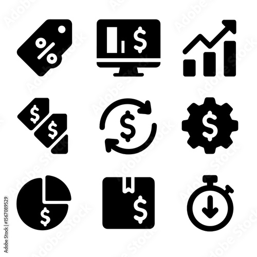 Pricing Intelligence Icons. Solid, filled icon set of pricing intelligence: discount tag, competitor pricing, margin graph,