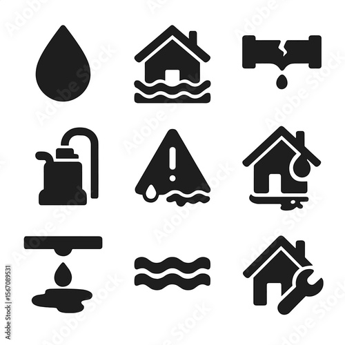 Flooding Icons Grid. Solid, filled icons set of dealing with home flooding and water damage: water droplet,