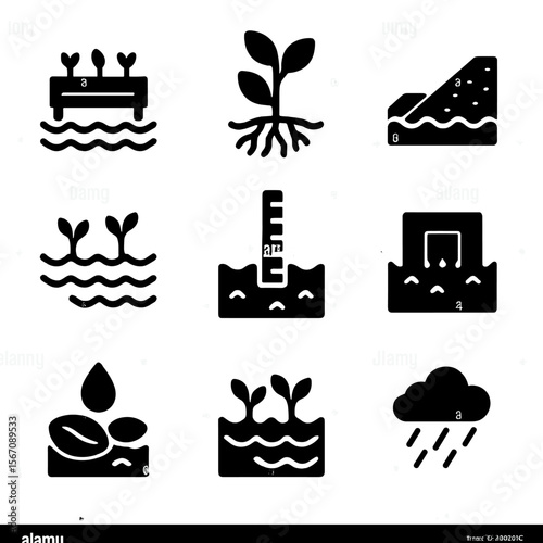 Flood-Resilient Farming Icons. Solid, filled icons set of flood-tolerant farming: raised bed, water-absorbent