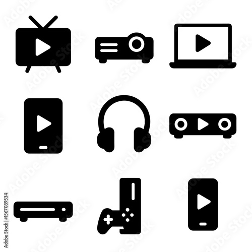 Movie Devices Icons. Solid, filled icon set of movie watching devices: television, projector, laptop, tablet, smartphone,