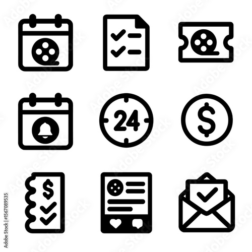 Movie Night Icons. Solid, filled icon set of movie night planning: calendar, checklist, invitation, calendar reminder, countdown