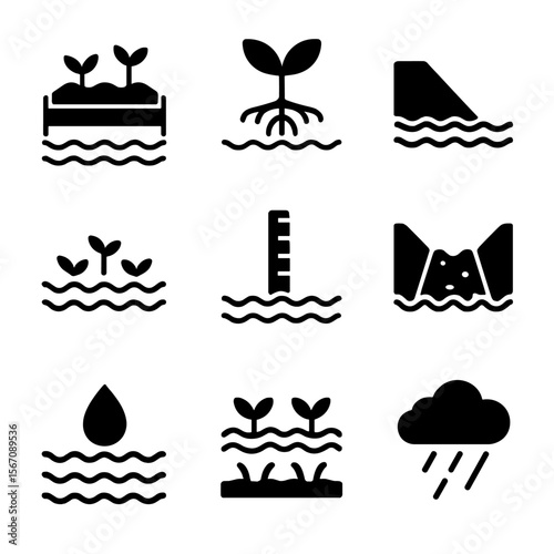 Flood-Resilient Farming Icons. Solid, filled icons set of flood-tolerant farming: raised bed, water-absorbent