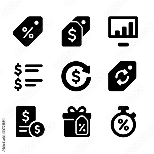 Pricing Intelligence Icons. Solid, filled icon set of pricing intelligence: discount tag, competitor pricing, margin graph,