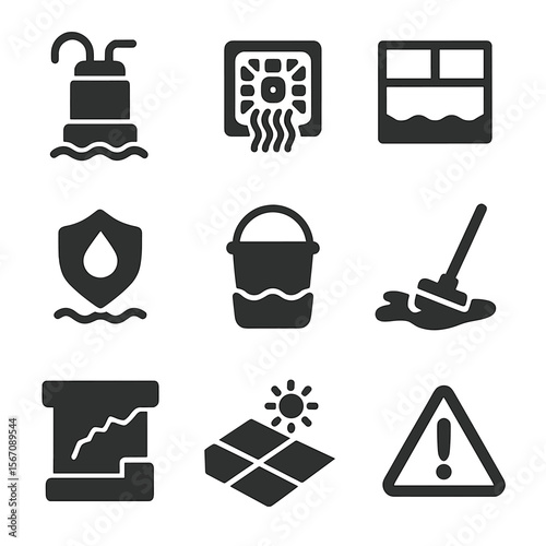 Flood Defense Icons. Solid, filled icons set of basement flooding solutions: sump pump icon, floor drain,