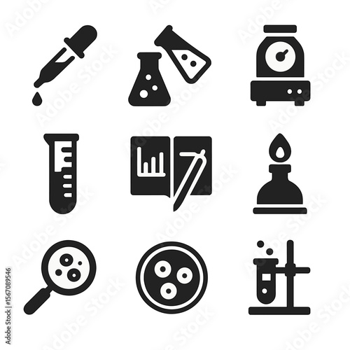Lab Work Icons. Solid, filled icon set of lab work actions: pipetting, mixing chemicals, centrifuging, measuring, recording data,