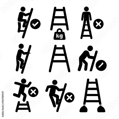 Ladder Safety Icons. Solid, filled icon set of ladder do's and don'ts: three-point contact, locked spreaders, no top step, face