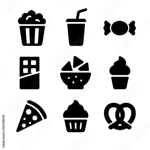 Movie Night Snacks Icons. Solid, filled icon set of movie night snacks: popcorn bucket, soda cup, candy, chocolate bar, nachos,