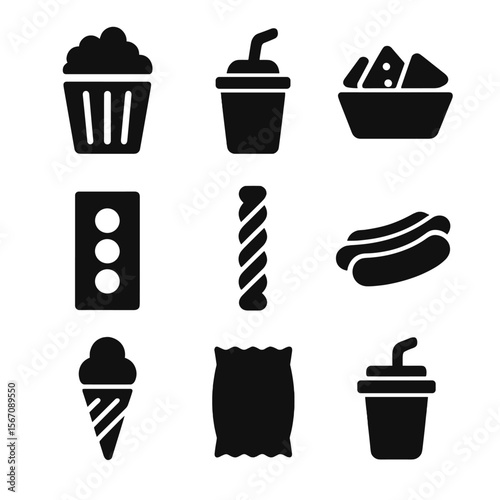 Movie Snack Icons. Solid, filled icon set of snacks at movie night: popcorn bucket, soda cup, nachos tray, candy box, licorice