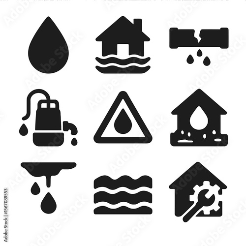 Flooding Icons Grid. Solid, filled icons set of dealing with home flooding and water damage: water droplet,