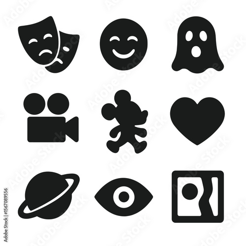 Movie Genre Icons. Solid, filled icon set of movie genres at festivals: drama mask, comedy smile, horror ghost, documentary camera