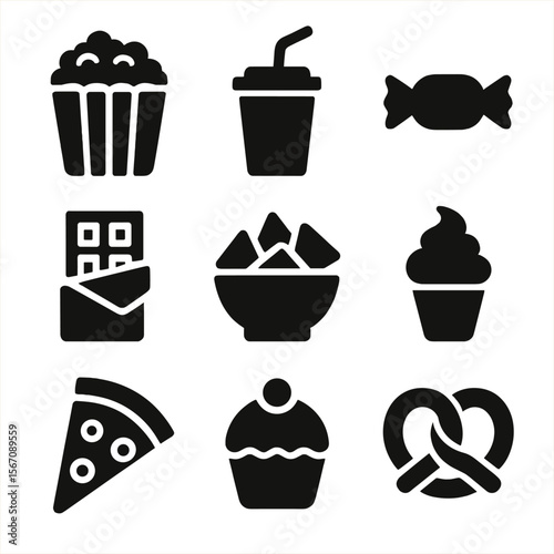 Movie Night Snacks Icons. Solid, filled icon set of movie night snacks: popcorn bucket, soda cup, candy, chocolate bar, nachos,