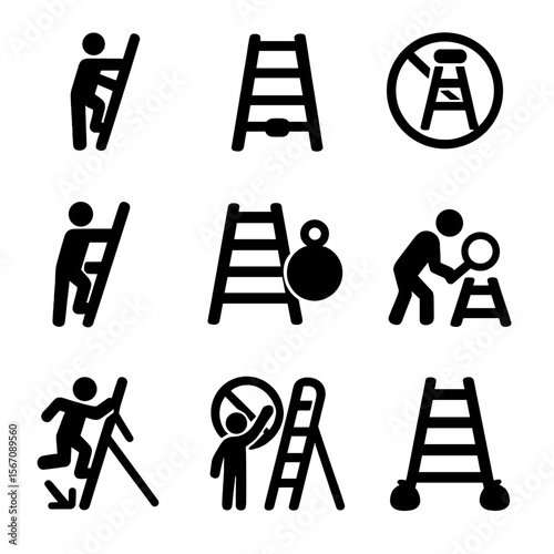 Ladder Safety Icons. Solid, filled icon set of ladder do's and don'ts: three-point contact, locked spreaders, no top step, face