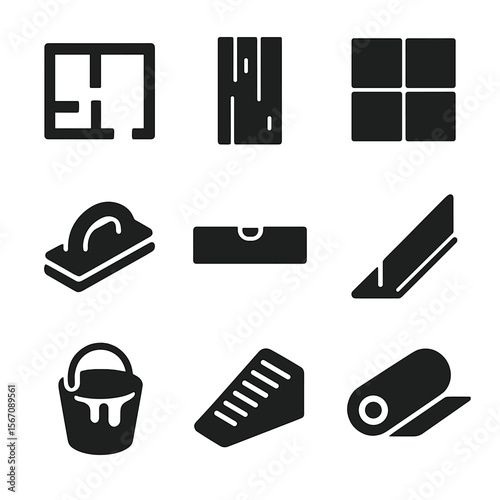 Flooring Icons Set. Solid, filled icons set of floor and tiling updates: floor plan, hardwood plank, tile icon