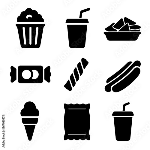 Movie Snack Icons. Solid, filled icon set of snacks at movie night: popcorn bucket, soda cup, nachos tray, candy box, licorice