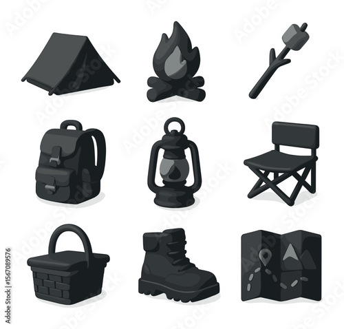 3D Camping Icons. Solid, filled icons set of 3D camping in summer: tent, campfire, marshmallow stick, backpack