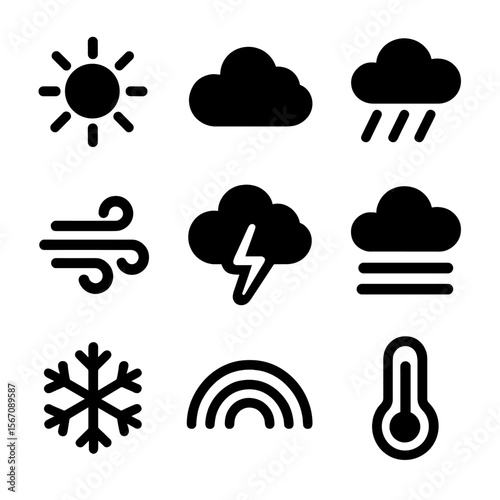 Lake Weather Icons. Solid, filled icon set of lake weather conditions: sun, cloud, rain, wind, lightning, fog, snowflake, rainbow,