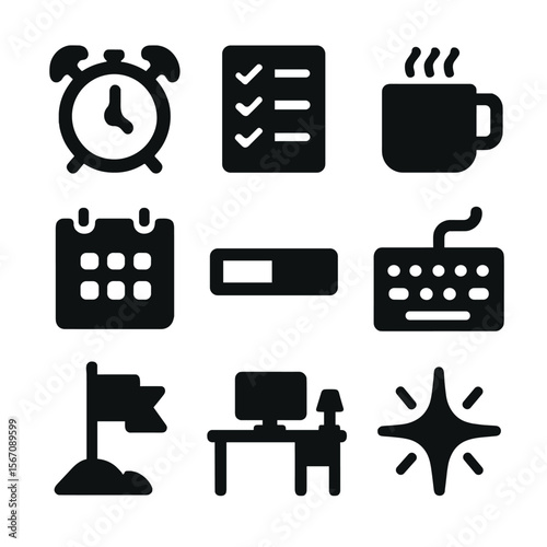 Productivity Icon Set. Solid, filled icon set of how to be productive: alarm clock, task list, coffee mug, calendar, progress bar,