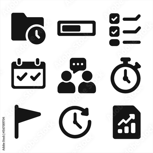 Project Deadline Icons. Solid, filled icon set of project due dates: folder with deadline, progress bar, task list, calendar with
