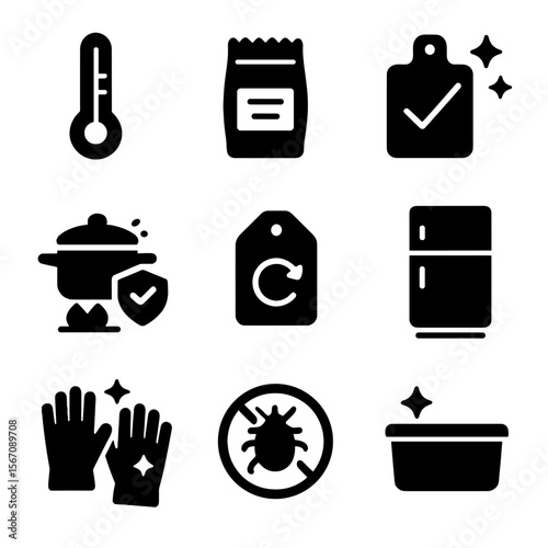 Food Safety Icons. Solid, filled icons set of food safety awareness: temperature gauge, food label, clean
