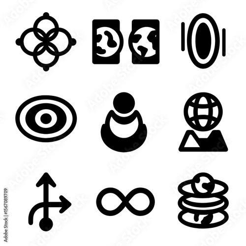Multiverse Icon Set. Solid, filled icon set of multiverse visualization: fractal patterns, mirror worlds, dimensional portals,
