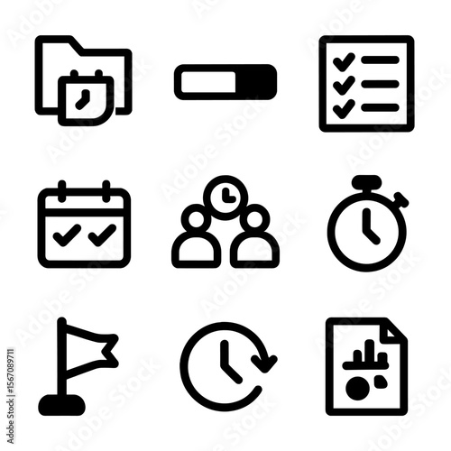 Project Deadline Icons. Solid, filled icon set of project due dates: folder with deadline, progress bar, task list, calendar with