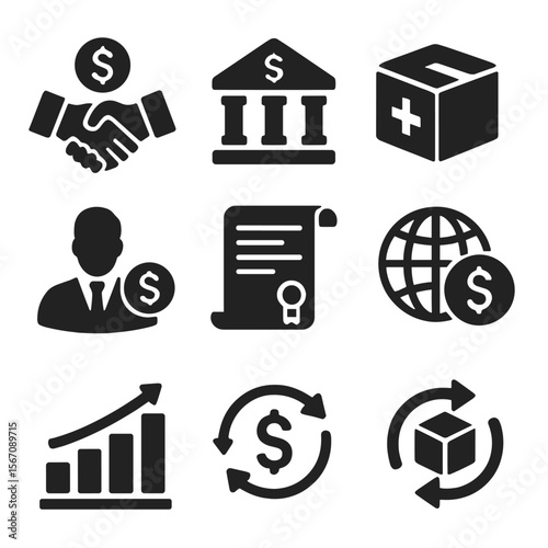 Foreign Aid Icons. Solid, filled icons set of foreign aid and investment: handshake with dollar, bank building