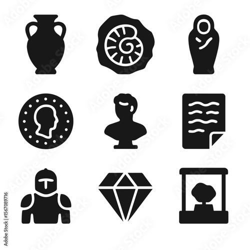 Museum Collection Icons. Solid, filled icon set of museum collections: ancient vase, fossil, sarcophagus, ancient coin, sculpture,