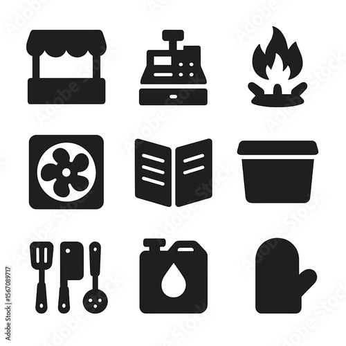 Food Truck Icons. Solid, filled icons set of food truck operations: service window, cash register, gas burner,