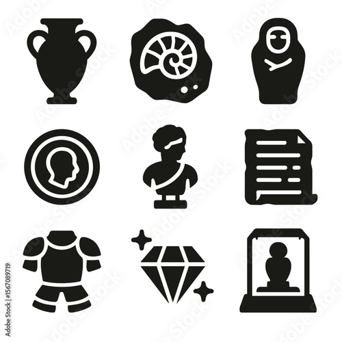 Museum Collection Icons. Solid, filled icon set of museum collections: ancient vase, fossil, sarcophagus, ancient coin, sculpture,