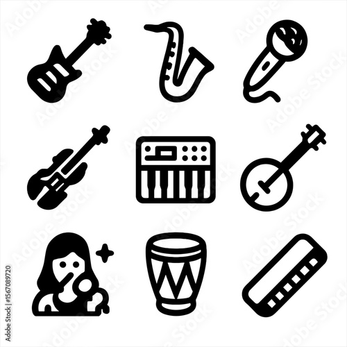 Music Genre Icons. Solid, filled icon set of music genres: rock guitar, jazz saxophone, hip-hop microphone, classical violin,
