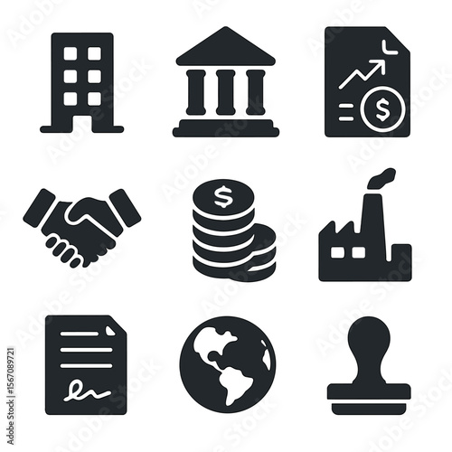 Foreign Investment Icons. Solid, filled icons set of foreign direct investment: office building, bank,