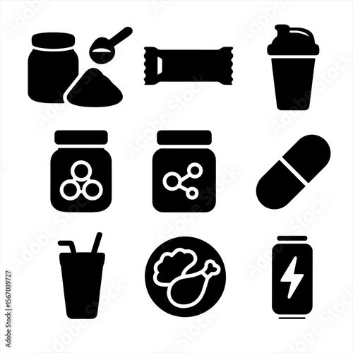 Protein Supplements Icons. Solid, filled icon set of protein supplements: protein powder, protein bar, shaker bottle, amino acids,