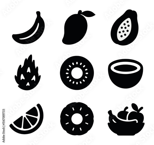 3D Tropical Fruit Icons. Solid, filled icons set of 3D tropical fruits: banana, mango, papaya, dragon fruit,