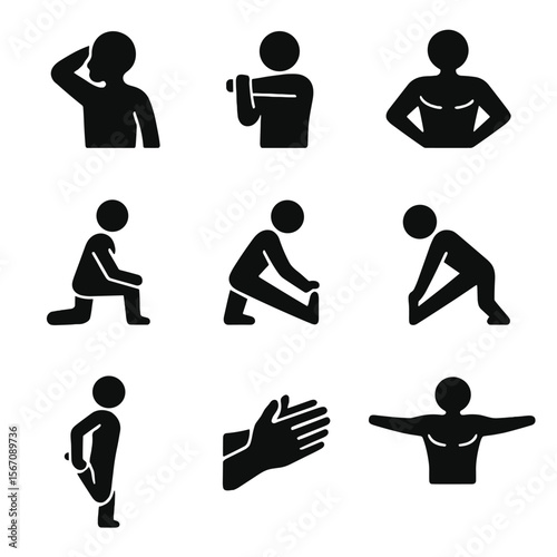 Muscle Stretching Icons. Solid, filled icon set of stretching muscle groups: neck muscles, shoulder muscles, back muscles, hip