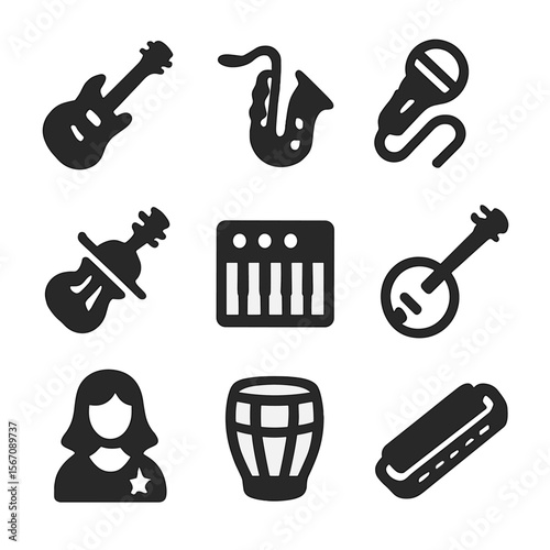 Music Genre Icons. Solid, filled icon set of music genres: rock guitar, jazz saxophone, hip-hop microphone, classical violin,