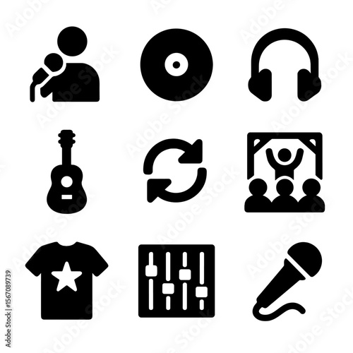 Music Partnership Icons. Solid, filled icon set of music and brand partnership: singer, record label, headphones, guitar,