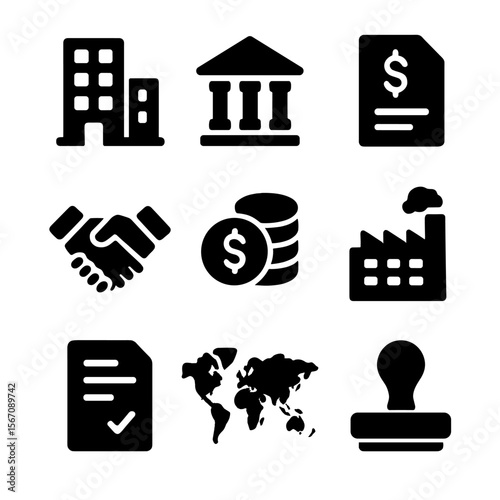 Foreign Investment Icons. Solid, filled icons set of foreign direct investment: office building, bank,