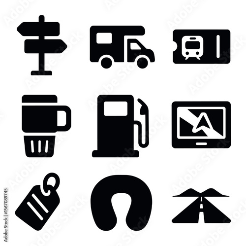 3D Summer Travel Icons. Solid, filled icons set of 3D summer travel icons: road sign, RV, train ticket, travel