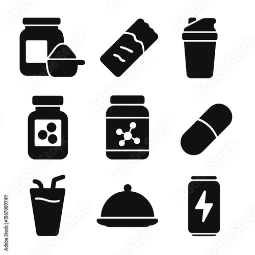 Protein Supplements Icons. Solid, filled icon set of protein supplements: protein powder, protein bar, shaker bottle, amino acids,