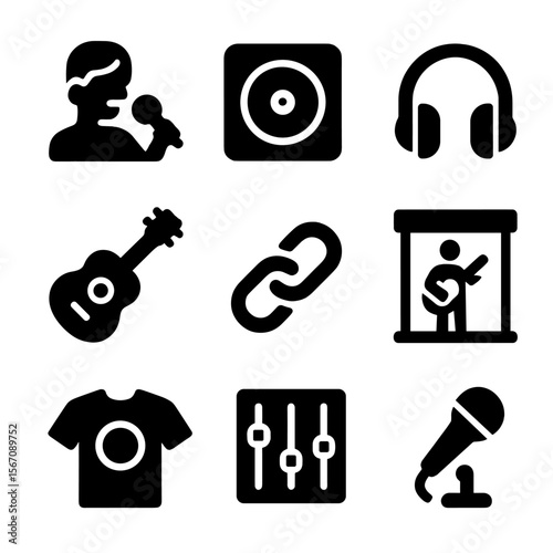 Music Partnership Icons. Solid, filled icon set of music and brand partnership: singer, record label, headphones, guitar,