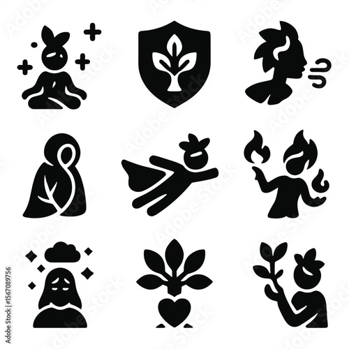 Forest Spirit Icons. Solid, filled icons set of forest spirit powers: healing aura, protection shield, forest