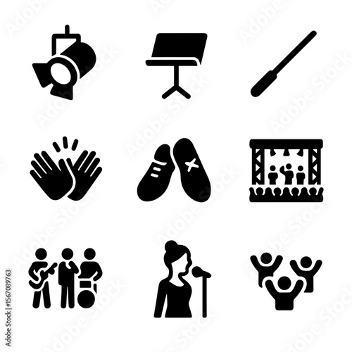 Music Performance Icons. Solid, filled icon set of music performance: stage spotlight, music stand, conductor baton, applause