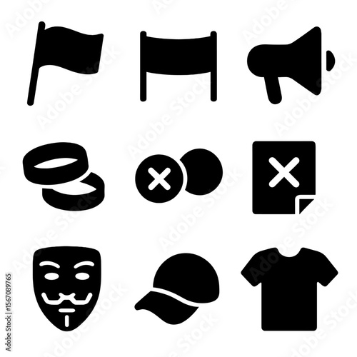 Protest Accessory Icons. Solid, filled icon set of protest accessories: flags, banners, megaphone, wristbands, buttons, stickers,