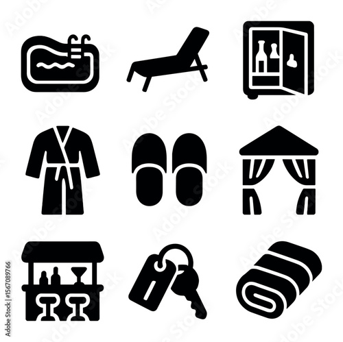3D Resort Icons. Solid, filled icons set of 3D resort elements: infinity pool, lounge chair, minibar, bathrobe