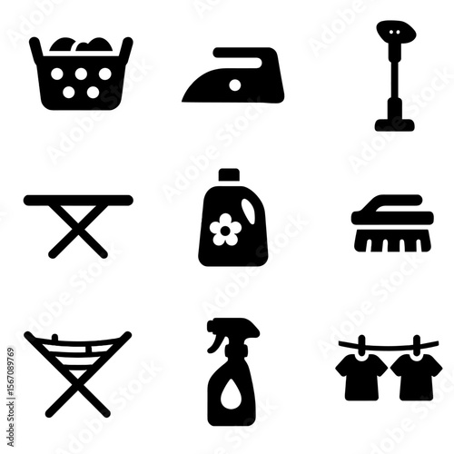 Laundry Icons Grid. Solid, filled icon set of laundry and closet maintenance: laundry basket, iron, ironing board, steamer,