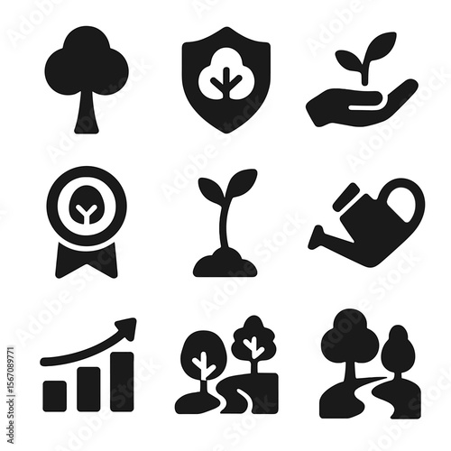 Forest Conservation Icons. Solid, filled icons set of forest conservation: tree icon, protected sign,