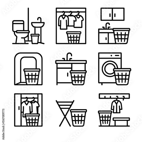 Laundry Icon Grid. Solid, filled icon set of laundry basket placements: bathroom corner, bedroom closet, laundry room, hallway